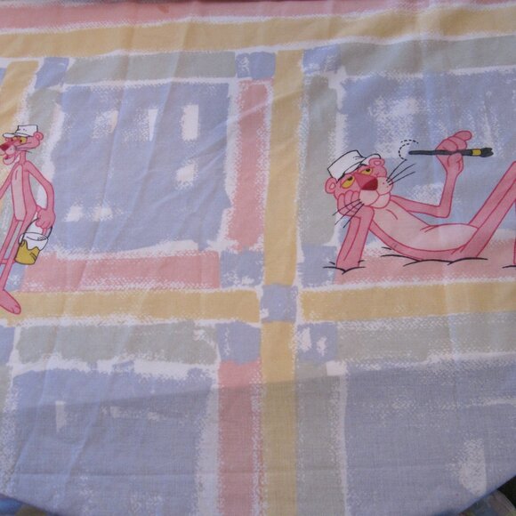 Vintage 1980s PINK PANTHER Flat Sheet Full Size Painter Pastels Fabric USA MADE - Picture 3 of 4